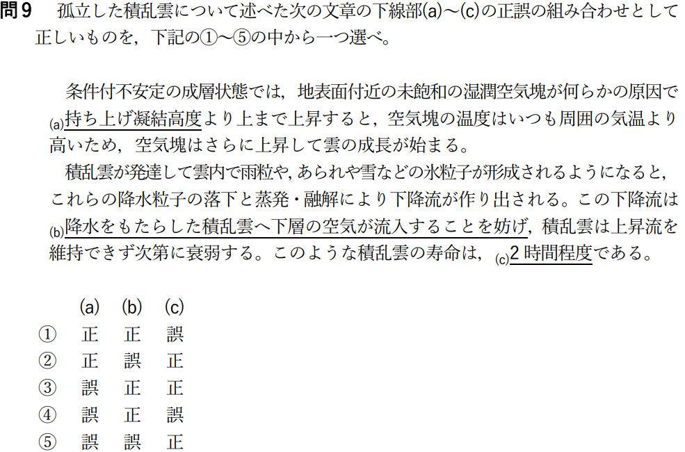 気象予報士試験　第52回　一般　問9