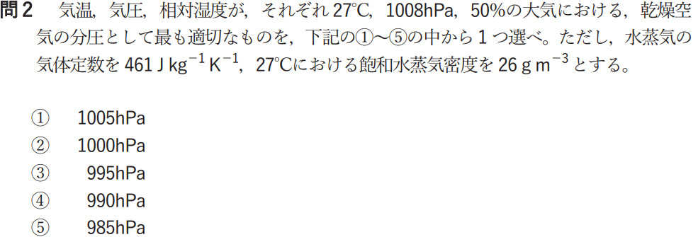 気象予報士試験　第54回　一般　問2