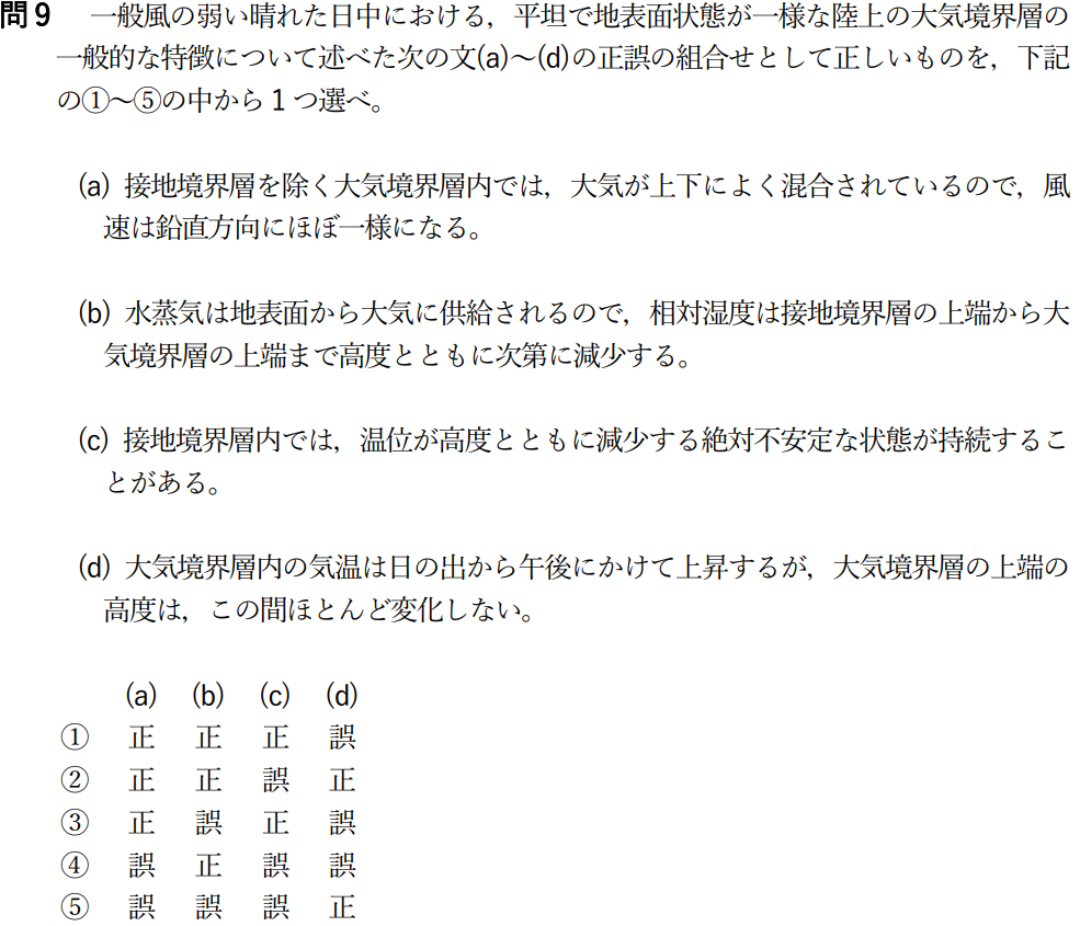 気象予報士試験　第55回　一般　問9