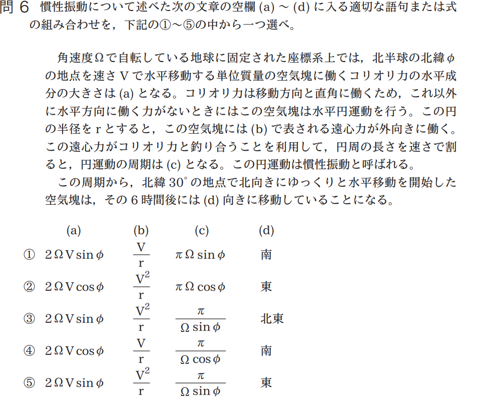 気象予報士試験　第39回　一般　問6