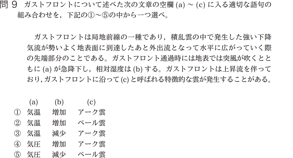 気象予報士試験　第39回　一般　問9