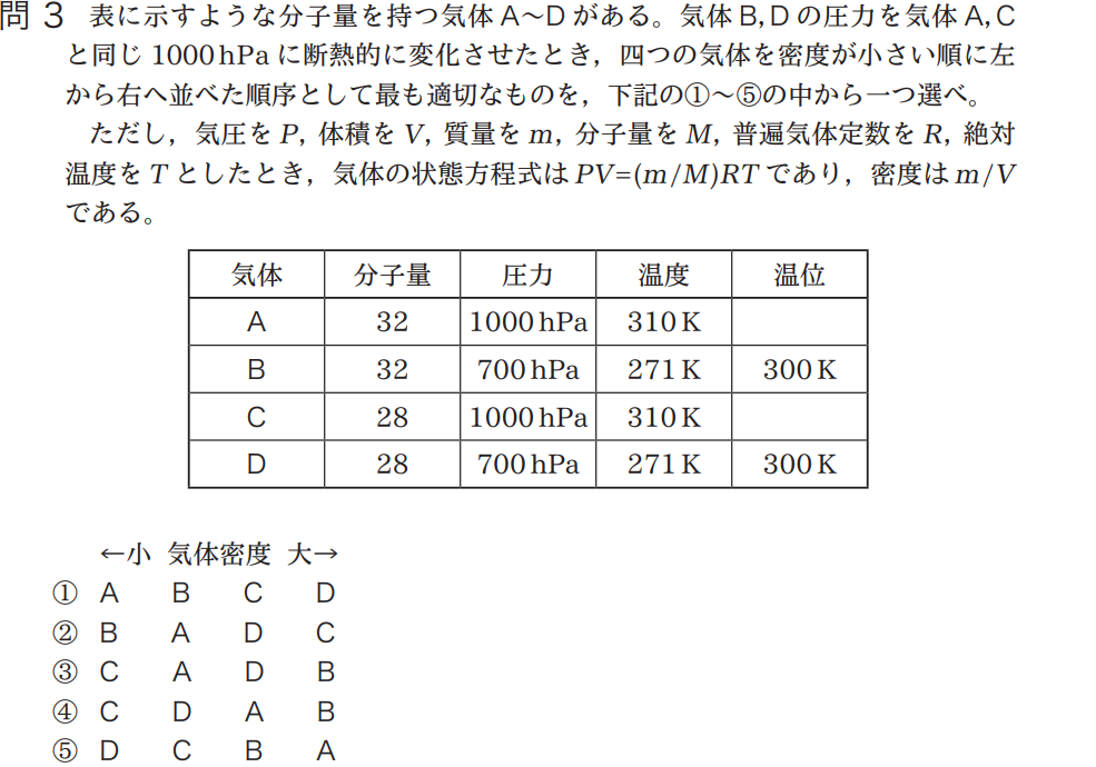 気象予報士試験　第42回　一般　問3