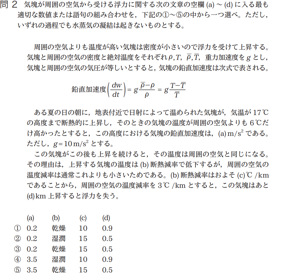 気象予報士試験　第43回　一般　問2