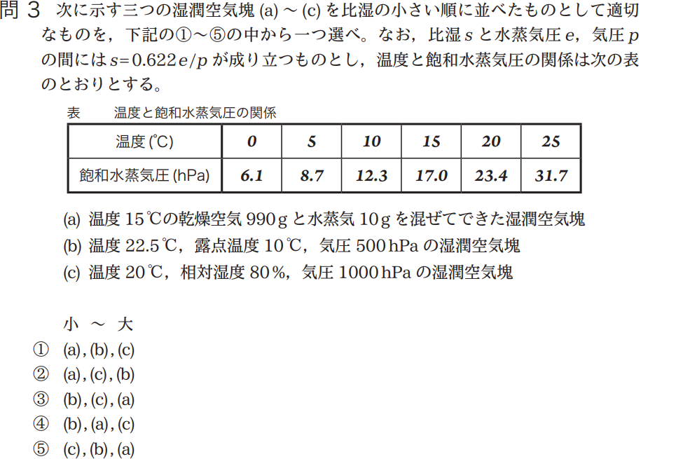 気象予報士試験　第43回　一般　問3