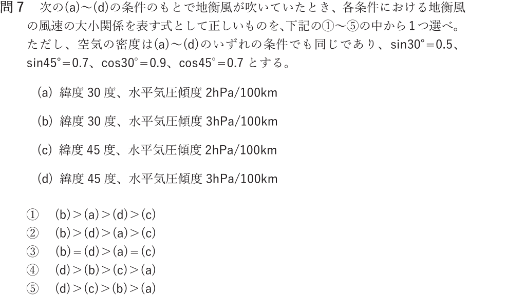 気象予報士試験　第61回　一般　問7